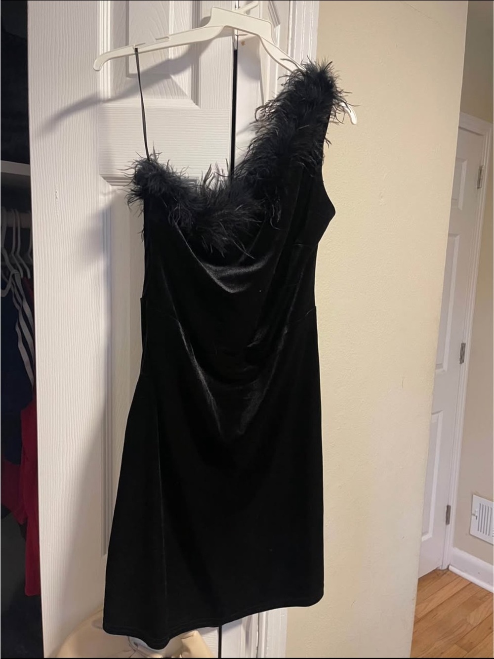 Lena Black One-Shoulder Feather-Trim Velvet Cocktail Dress